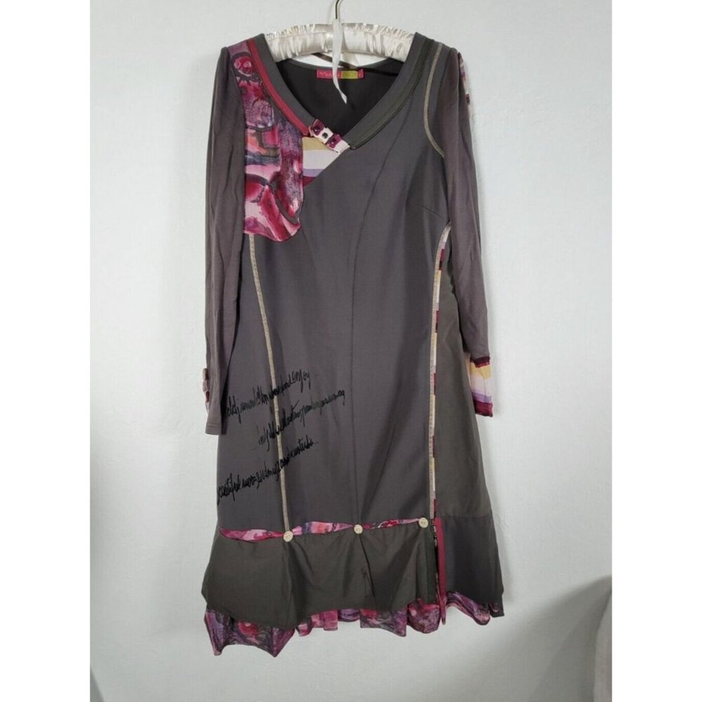 All Beautiful Enjoy Robe Dress Size 40 Black V-Neck Patchwork Art To Wear Boho